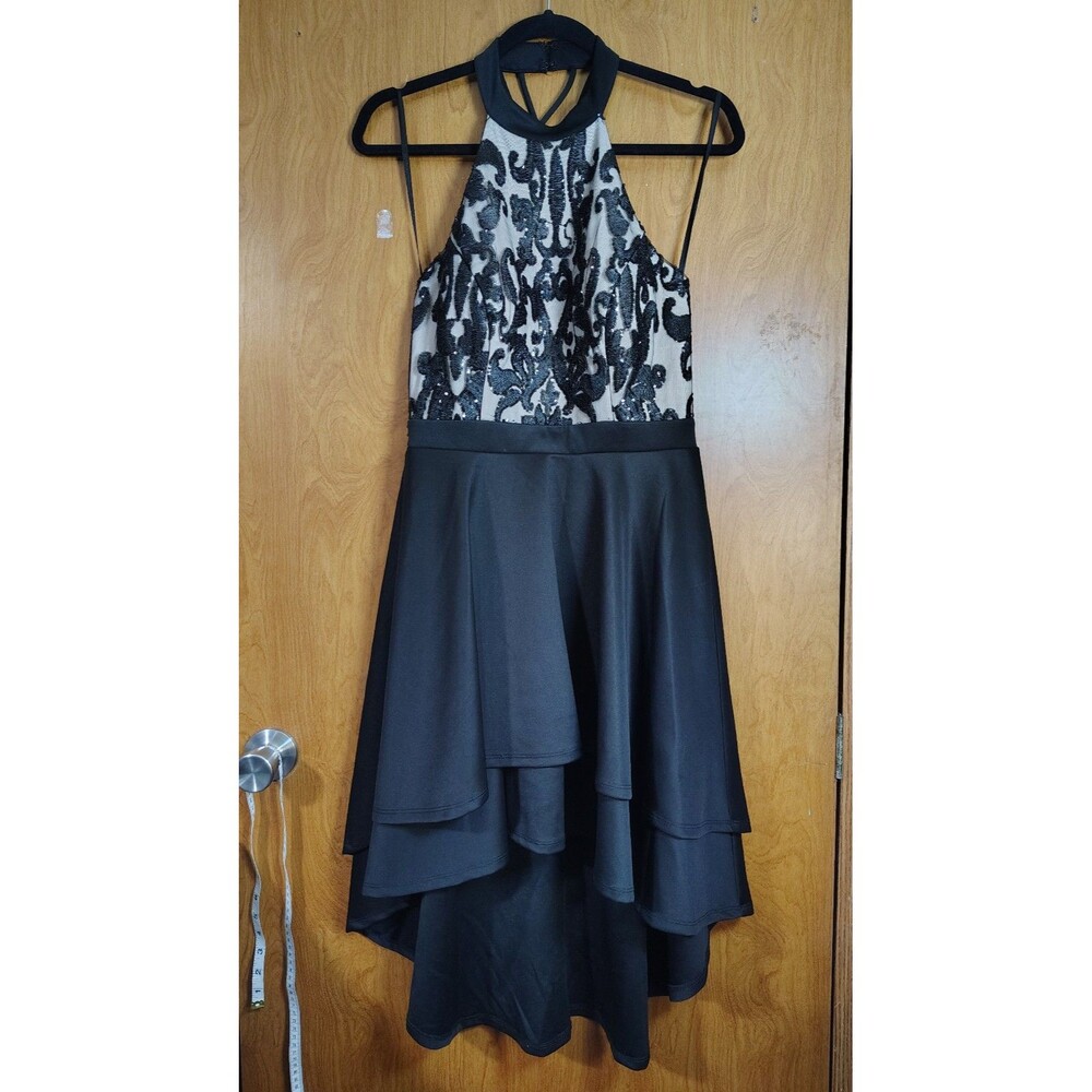 Jodi Kristopher Black Tan Lace Halter Hi Low Dress Sz 11 Whimsy Glam Goth Formal
